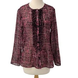Chicos Long Sleeve Button Down Blouse Top Black/Pink Semi-Sheer Ruffle Size 0/Sm